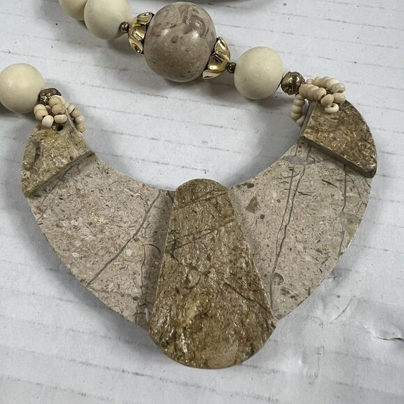 Handmade ~20" Quartz Granite Stone Gold Tone Statement Necklace And Earrings Vtg - Picture 3 of 14